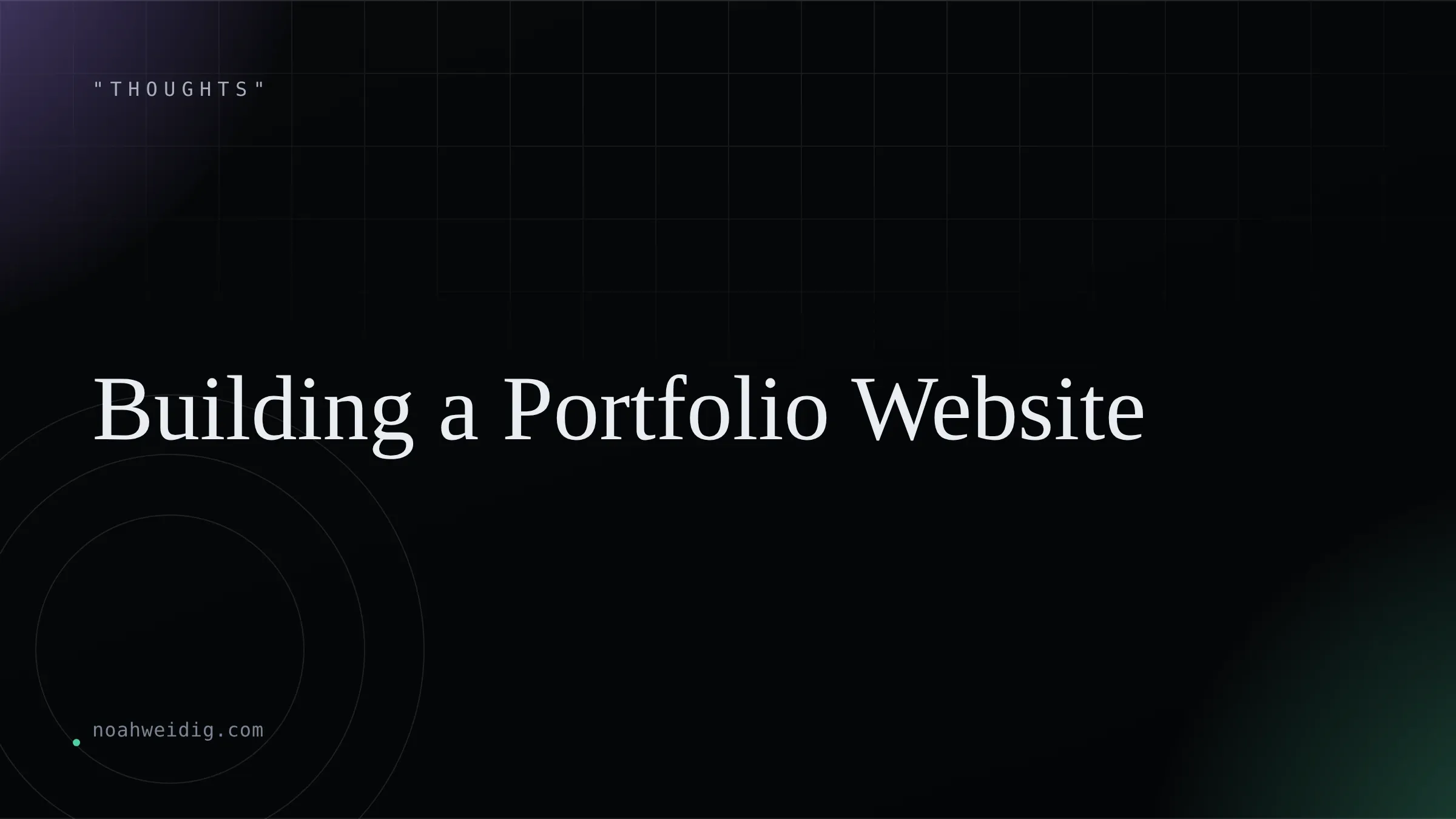 Cover card reading “Building a Portfolio Website” over the site's violet and moss gradient