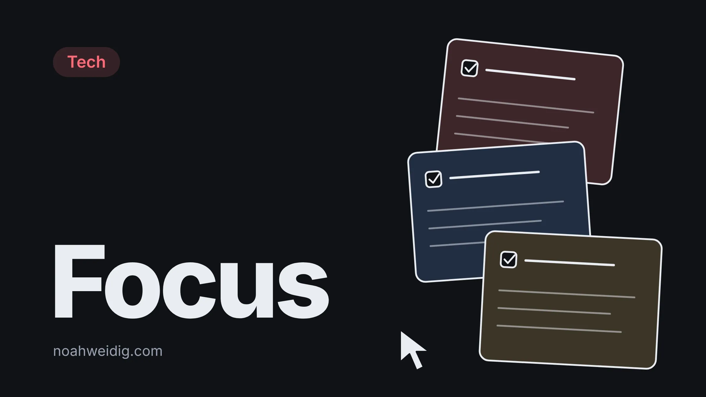 Cover card reading “Focus” beside three stacked to-do cards in red, blue and yellow