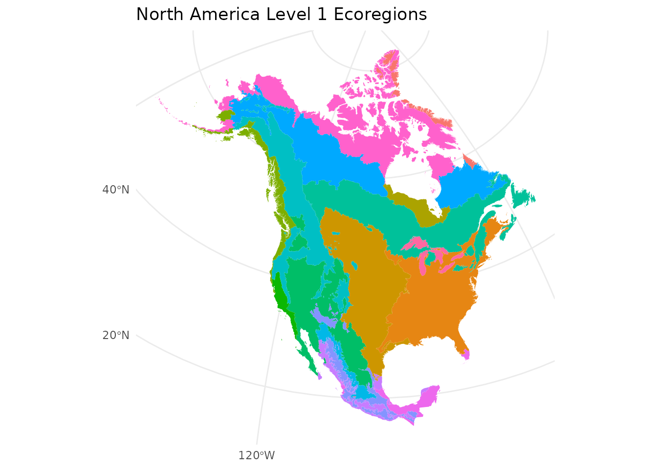 ggplot2 map of North America Level 1 ecoregions filled by ecoregion name.