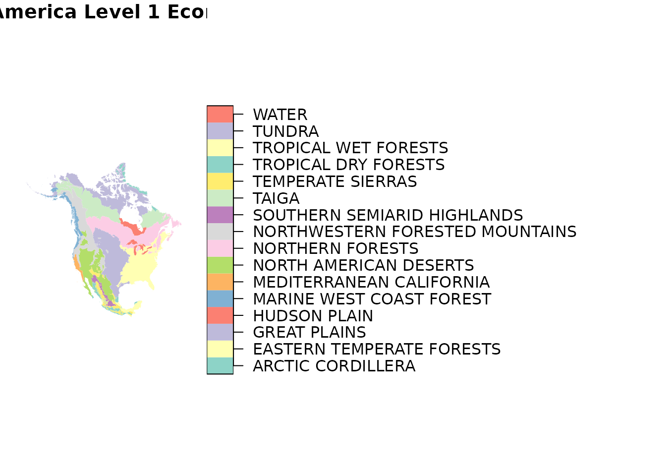 Map of North America Level 1 ecoregions coloured by ecoregion name.